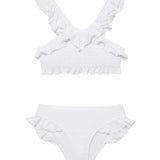 Effy White Ruffle Strap and Trim Kids Bikini Set | Moeva | Kids Bikinis | Each week unveils new pieces—luxury swimwear, fluid resort silhouettes, and elevated summer-to-evening essentials designed to carry you from coastal escapes to city nights.