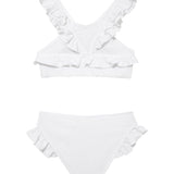 Effy White Ruffle Strap and Trim Kids Bikini Set | Moeva | Kids Bikinis | Each week unveils new pieces—luxury swimwear, fluid resort silhouettes, and elevated summer-to-evening essentials designed to carry you from coastal escapes to city nights.