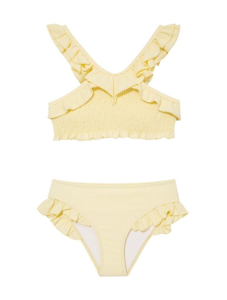 Effy Yellow Ruffle Strap and Trim Kids Bikini Set | Moeva | Kids Bikinis | Each week unveils new pieces—luxury swimwear, fluid resort silhouettes, and elevated summer-to-evening essentials designed to carry you from coastal escapes to city nights.