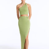 Eila Green One Shoulder Knitted Crop Top and Lyndon Green Knitted Skirt with Side Slit | Moeva | RTW Bustiers | Each week unveils new pieces—luxury swimwear, fluid resort silhouettes, and elevated summer-to-evening essentials designed to carry you from coastal escapes to city nights.