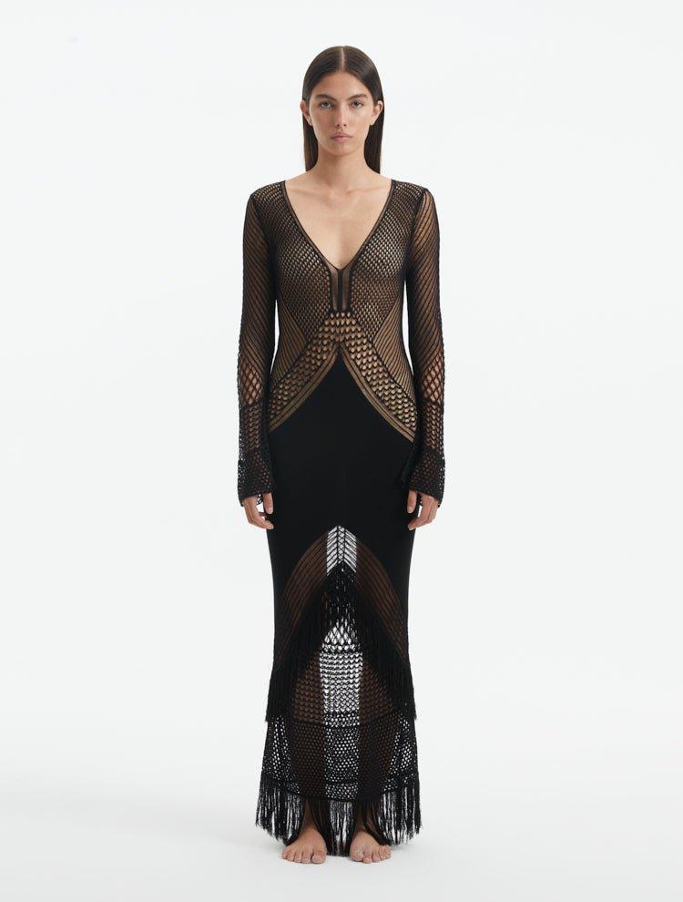Sevval Sahin - Elba Black Long Sleeve Knit Fringe Maxi Dress | Moeva | Dress | Each week unveils new pieces—luxury swimwear, fluid resort silhouettes, and elevated summer-to-evening essentials designed to carry you from coastal escapes to city nights.