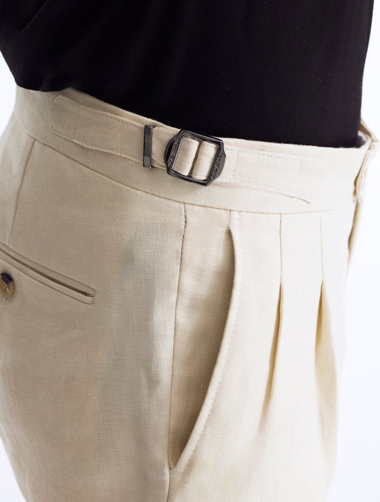 Close up View of Model Wearing Enzo Grey Pants - Slip Pocket, %100 Linen Men Pants, MOEVA Luxury Swimwear