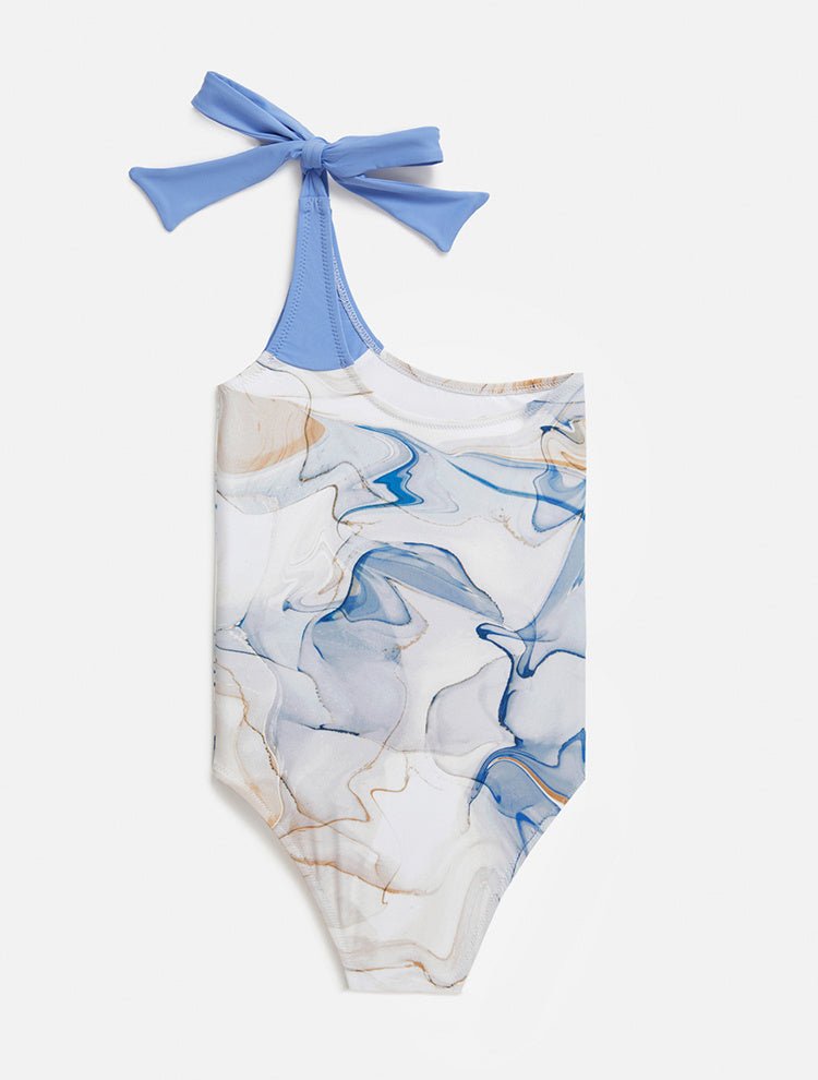 Front View: Evelina Blue Abstract Kids Swimsuit - Full Bottom Coverage, Fully Lined, Mommy and Me, Soft Tocuh Fabric, Contrast Colors, One Shoulder, Self-Tie Straps, Stretchy Fabric, MOEVA Luxury Swimwear 