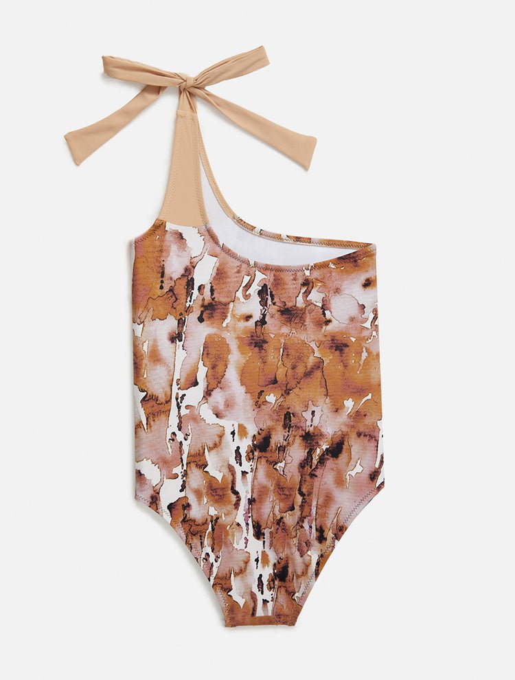 Front View: Evelina Floral Abstract Kids Swimsuit - Full Bottom Coverage, Fully Lined, Mommy and Me, Soft Tocuh Fabric, MOEVA Luxury Swimwear