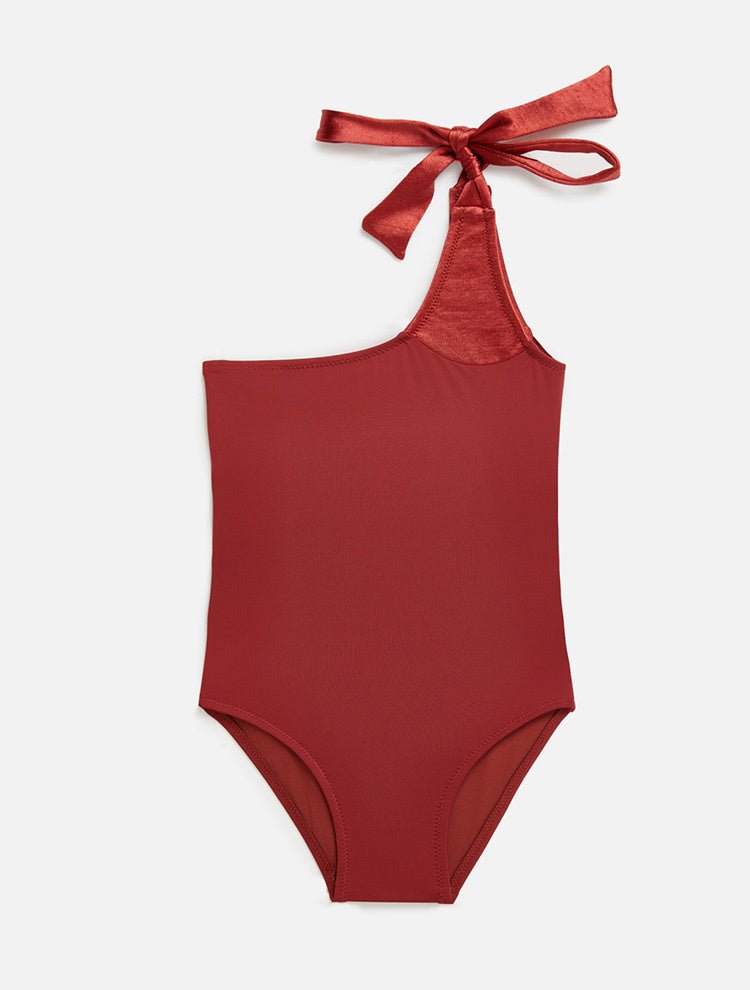 Front View: Evelina Red Ochre Kids Swimsuit - Contrast Colors, One Shoulder, Self-Tie Straps, Stretchy Fabric, MOEVA Luxury Swimwear