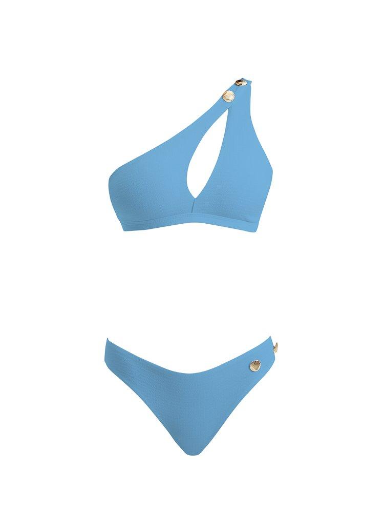 Eyre Baby Blue One Shoulder Mid Coverage Textured Bikini Set | Moeva | Bikini Set | Each week unveils new pieces—luxury swimwear, fluid resort silhouettes, and elevated summer-to-evening essentials designed to carry you from coastal escapes to city nights.