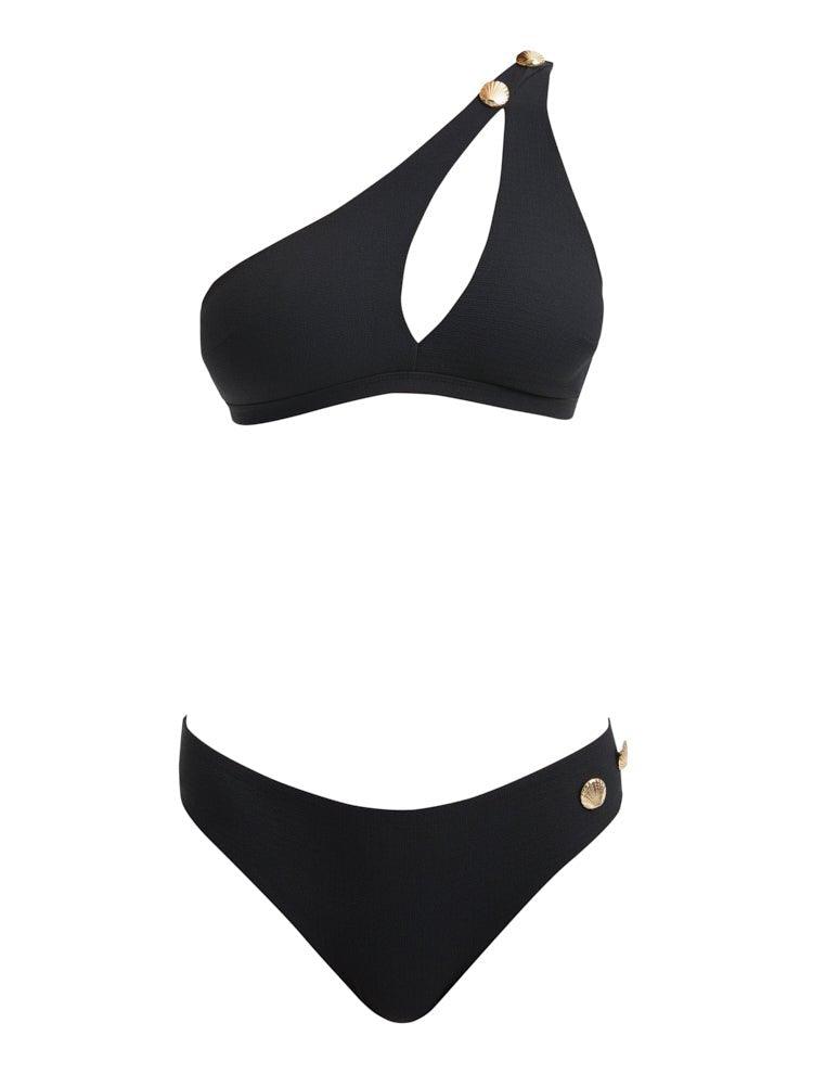 Eyre Black One Shoulder Mid Coverage Textured Bikini Set | Moeva | Bikini Set | Each week unveils new pieces—luxury swimwear, fluid resort silhouettes, and elevated summer-to-evening essentials designed to carry you from coastal escapes to city nights.