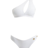 Eyre White One Shoulder Mid Coverage Textured Bikini Set | Moeva | Bikini Set | Each week unveils new pieces—luxury swimwear, fluid resort silhouettes, and elevated summer-to-evening essentials designed to carry you from coastal escapes to city nights.