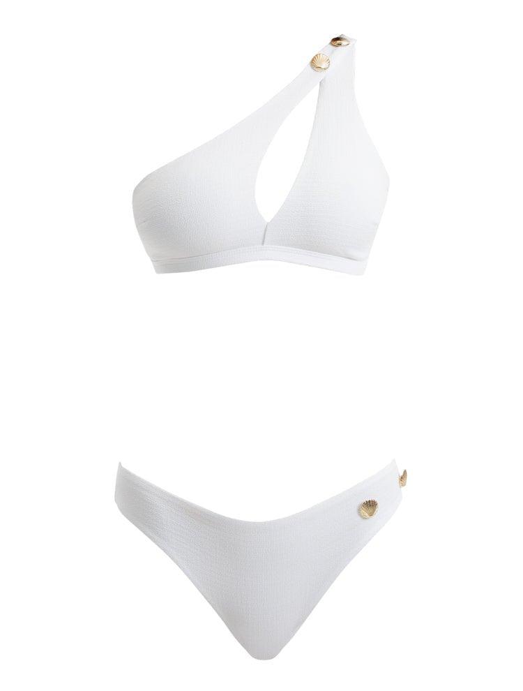 Eyre White One Shoulder Mid Coverage Textured Bikini Set | Moeva | Bikini Set | Each week unveils new pieces—luxury swimwear, fluid resort silhouettes, and elevated summer-to-evening essentials designed to carry you from coastal escapes to city nights.