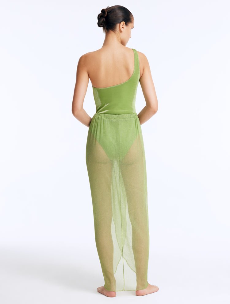 Back View: Fern Green Skirt on Model - Wrap Style with Twist Knot Detail, Draped Details, Elastic Band at the Waist, Loose Fit, MOEVA Luxury Beachwear