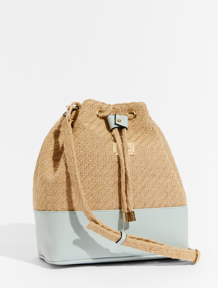 Tan/black Leather Mesh And Straw Bucket Bag