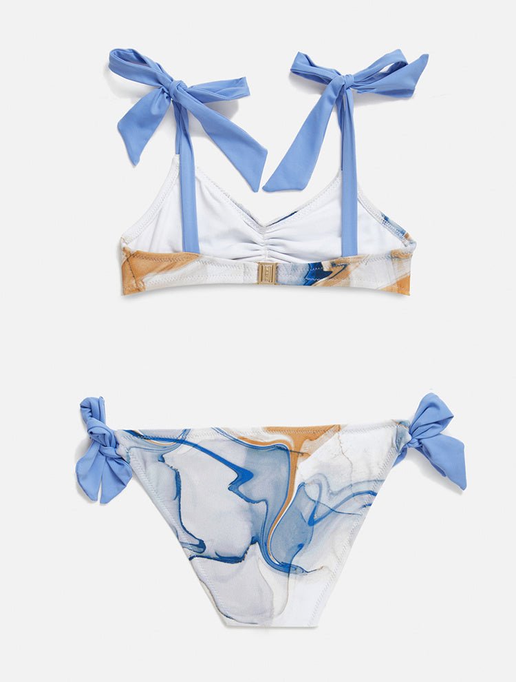 Back View: Gioia Blue Abstract Kids Bikini - MOEVA Luxury Swimwear, V Neck, Fully Lined, Mommy and Me, Soft Touch Fabric, Contrast Colors, Ruched Details at Front, Self-Tie Straps, MOEVA Luxury Swimwear