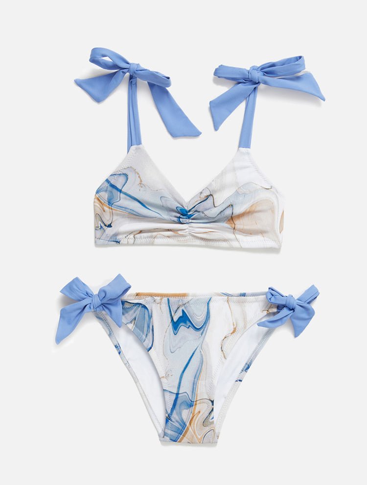Front View: Gioia Blue Abstract Kids Bikini - MOEVA Luxury Swimwear, Contrast Colors, Ruched Details at Front, Self-Tie Straps, MOEVA Luxury Swimwear