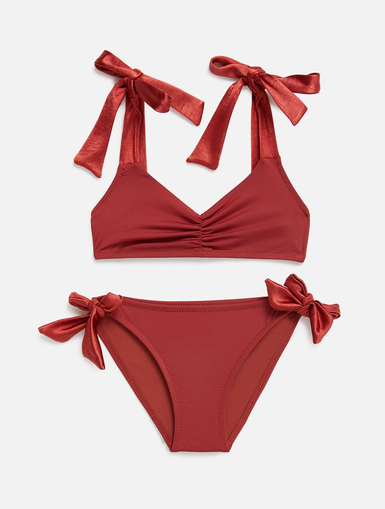 Front View: Gioia Red Ochre Kids Bikini - MOEVA Luxury Swimwear, Contrast Colors, Ruched Details at Front, Self-Tie Straps, MOEVA Luxury Swimwear