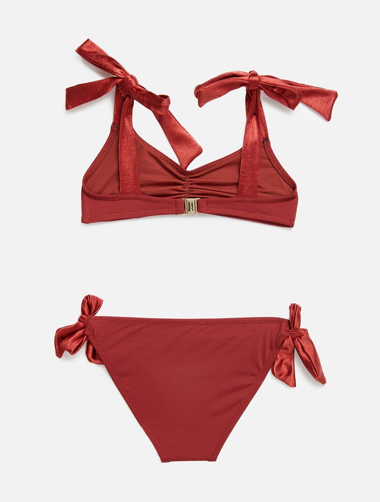Front View: Gioia Red Ochre Kids Bikini - MOEVA Luxury Swimwear, Contrast Colors, Ruched Details at Front, Self-Tie Straps, MOEVA Luxury Swimwear