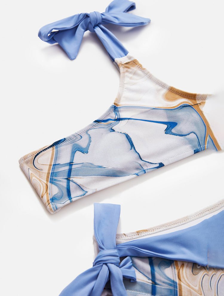 Close Up View: Giulia Blue Abstract Kids Bikini - MOEVA Luxury Swimwear, Stretchy Fabric, Full Bottom Coverage, One Shoulder, Fully Lined, Mommy and Me, Soft Touch Fabric, MOEVA Luxury Swimwear