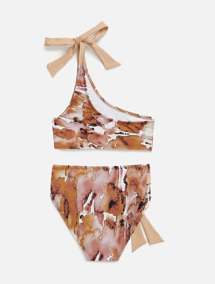 Back View: Giulia Floral Abstract Kids Bikini - MOEVA Luxury Swimwear, One Shoulder, Fully Lined, Mommy and Me, Soft Touch Fabric, Contrast Colors, Self-Tie Straps, MOEVA Luxury Swimwear