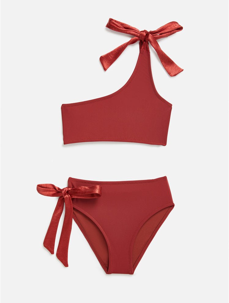 Front View: Giulia Red Ochre Kids Bikini - MOEVA Luxury Swimwear, Contrast Colors, Ruched Details at Front, Self-Tie Straps, MOEVA Luxury Swimwear