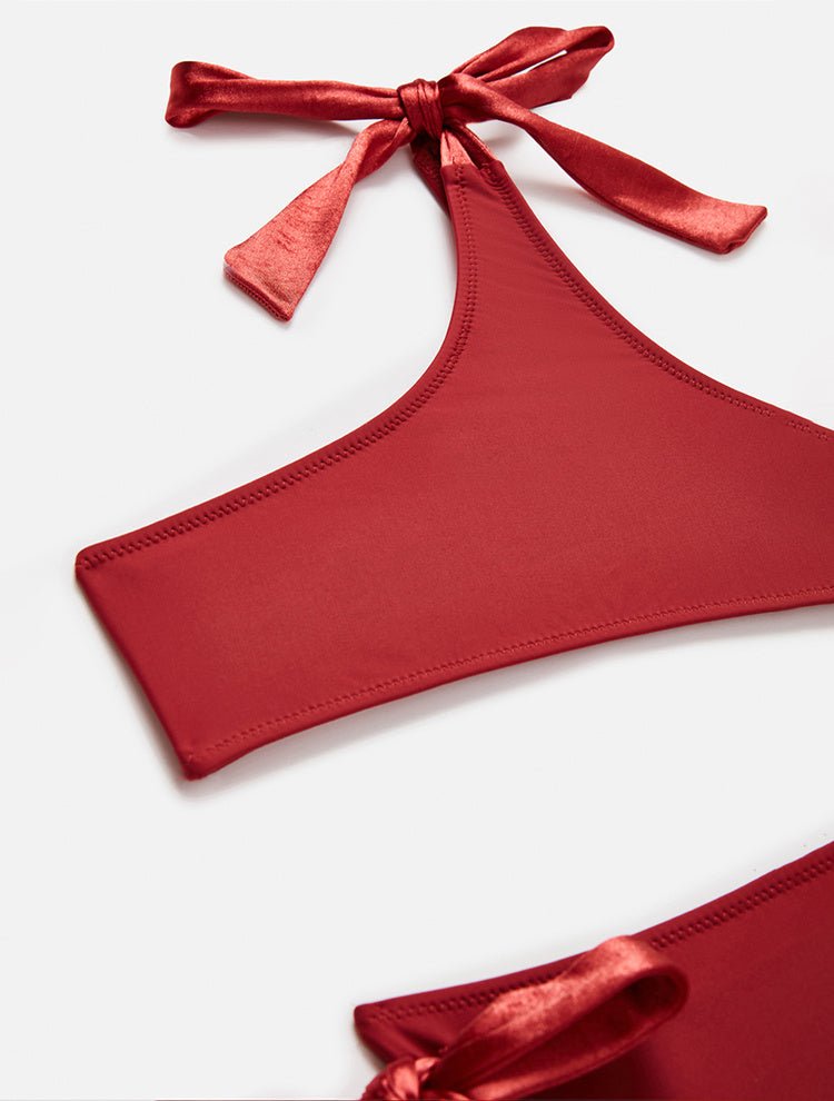 Close Up View: Giulia Red Ochre Kids Bikini - MOEVA Luxury Swimwear, Stretchy Fabric, Full Bottom Coverage, One Shoulder, Fully Lined, Mommy and Me, Soft Touch Fabric, MOEVA Luxury Swimwear