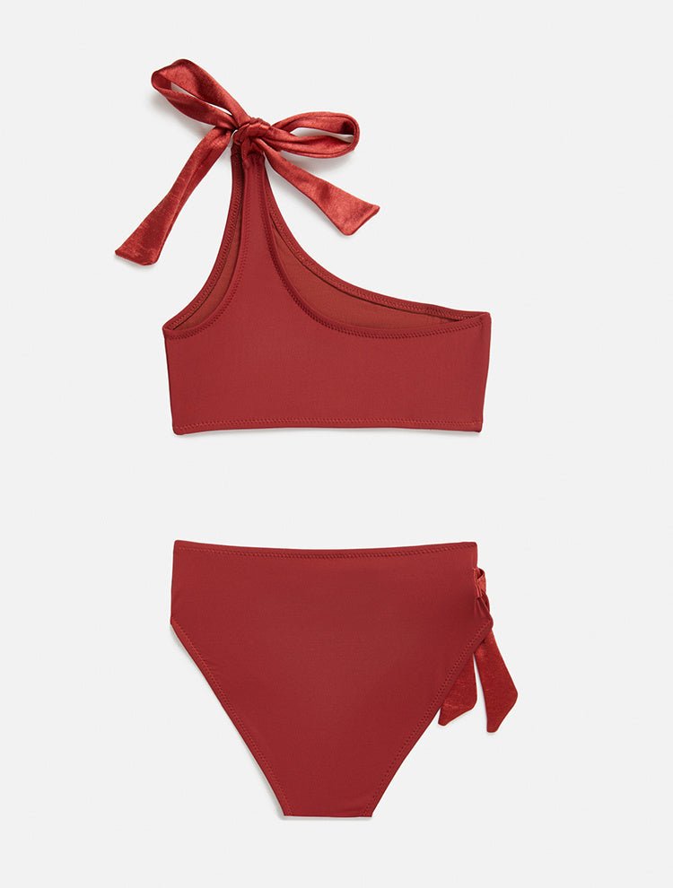 Back View: Giulia Red Ochre Kids Bikini - MOEVA Luxury Swimwear, One Shoulder, Fully Lined, Mommy and Me, Soft Touch Fabric, Contrast Colors, Self-Tie Straps, MOEVA Luxury Swimwear