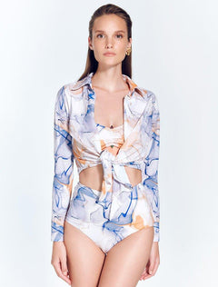 Greta Blue Abstract Long Sleeve Tie Front Shirt | Moeva | Shirt | Each week unveils new pieces—luxury swimwear, fluid resort silhouettes, and elevated summer-to-evening essentials designed to carry you from coastal escapes to city nights.