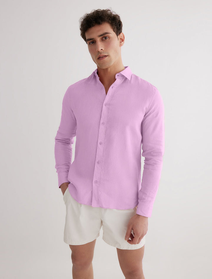 Front View of Model Wearing Harry Lilac Shirt- MOEVA Luxury Swimwear, Open Collar, Polo Shirt, Regular Fit Shirt, MOEVA Luxury Swimwear