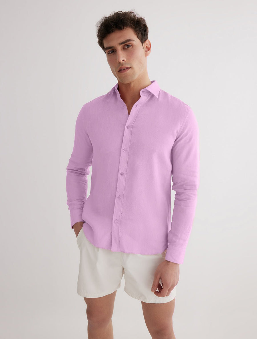 Front View of Model Wearing Harry Lilac Shirt- Cotton & Silk Blend, Long-Sleeved, Cotton and Silk Shirt, MOEVA Luxury Swimwear