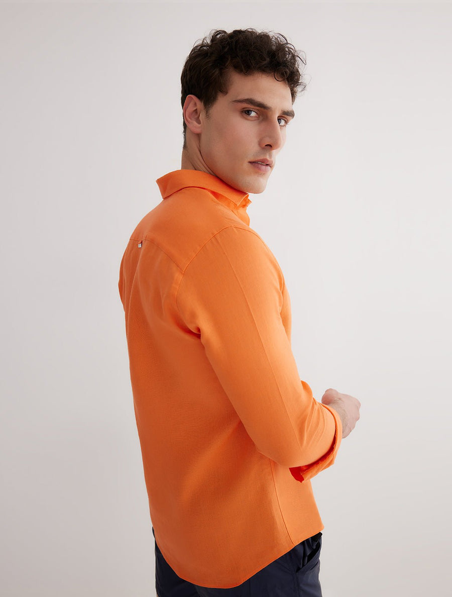 Back View of Model Wearing Harry Orange Shirt - Long-Sleeved, Slim Fit, %100 Linen Orange Men Shirt, MOEVA Luxury Swimwear