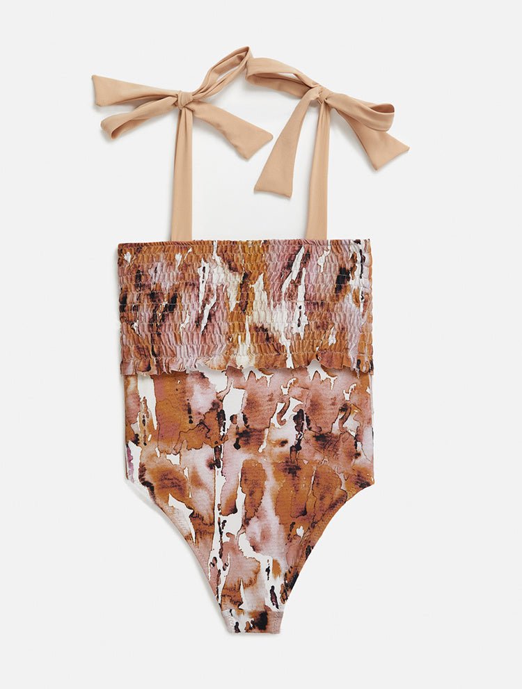 Back View: Ilaria Floral Abstract Kids Swimsuit - Strapless, Fully Lined, Mommy and Me, Soft Tocuh Fabric, MOEVA Luxury Swimwear