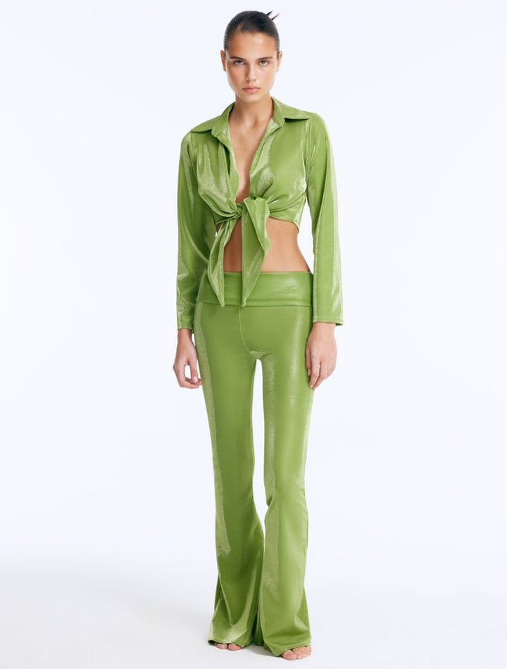 Front View: Model in Izara Green Pants - Regular Waist, Metallic Fabric, Chic Ankle-Length Pants, MOEVA Luxury Ready to Wear
