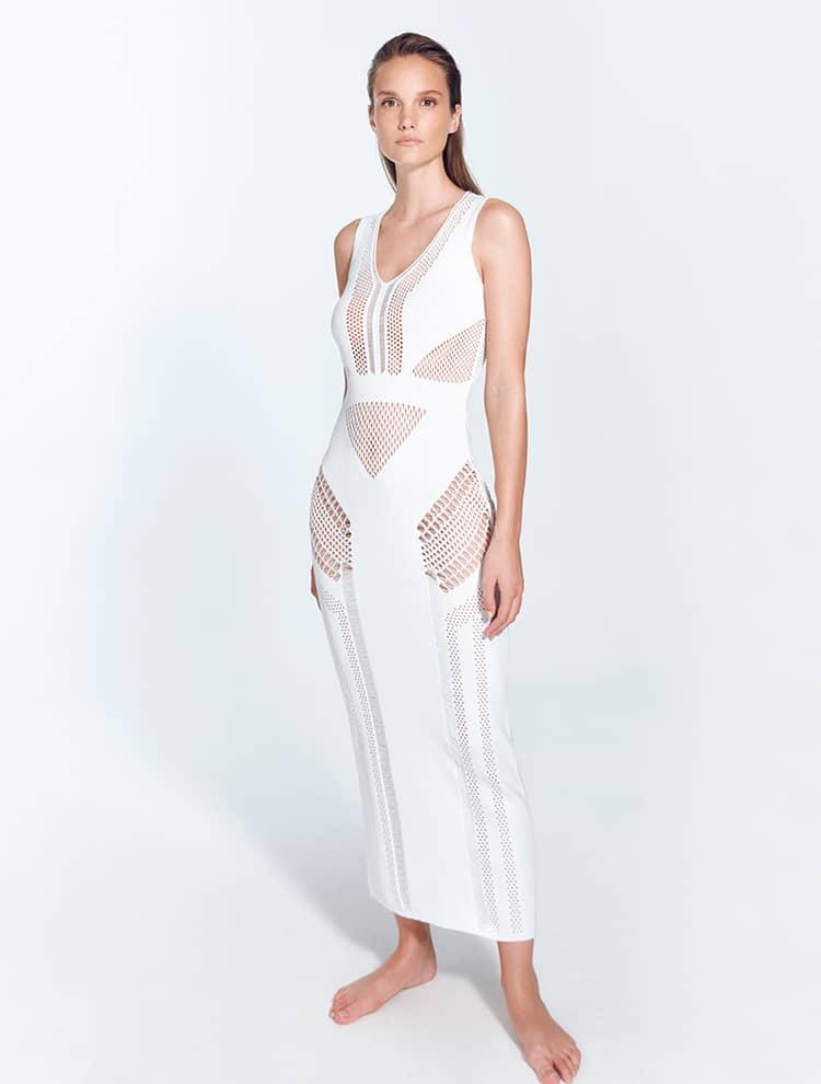 Izzy White Sleeveless Knitted Maxi Dress | Moeva | Beachwear Dresses | Each week unveils new pieces—luxury swimwear, fluid resort silhouettes, and elevated summer-to-evening essentials designed to carry you from coastal escapes to city nights.