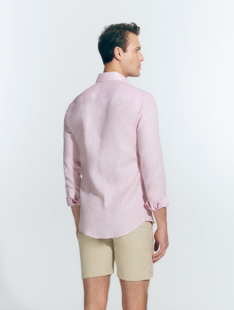 Back View: Model in James Pink Shirt - MOEVA Luxury Swimwear, Ready to Wear, Long Sleeved Shirts, Unlined, Slim Fit, Linen, MOEVA Luxury Swimwear