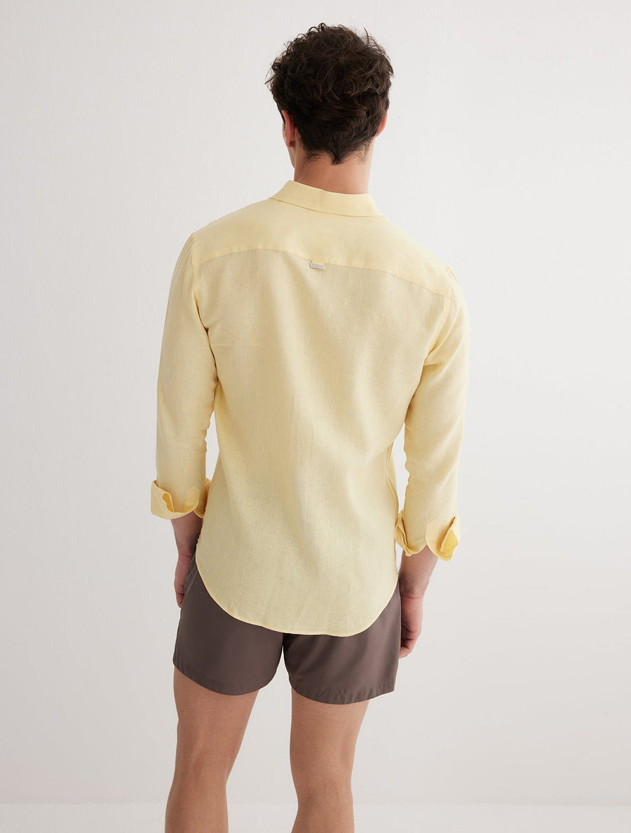 Back View: Model in James Yellow Shirt - MOEVA Luxury Swimwear, Ready to Wear, Long Sleeved Shirts, Unlined, Slim Fit, Linen, MOEVA Luxury Swimwear