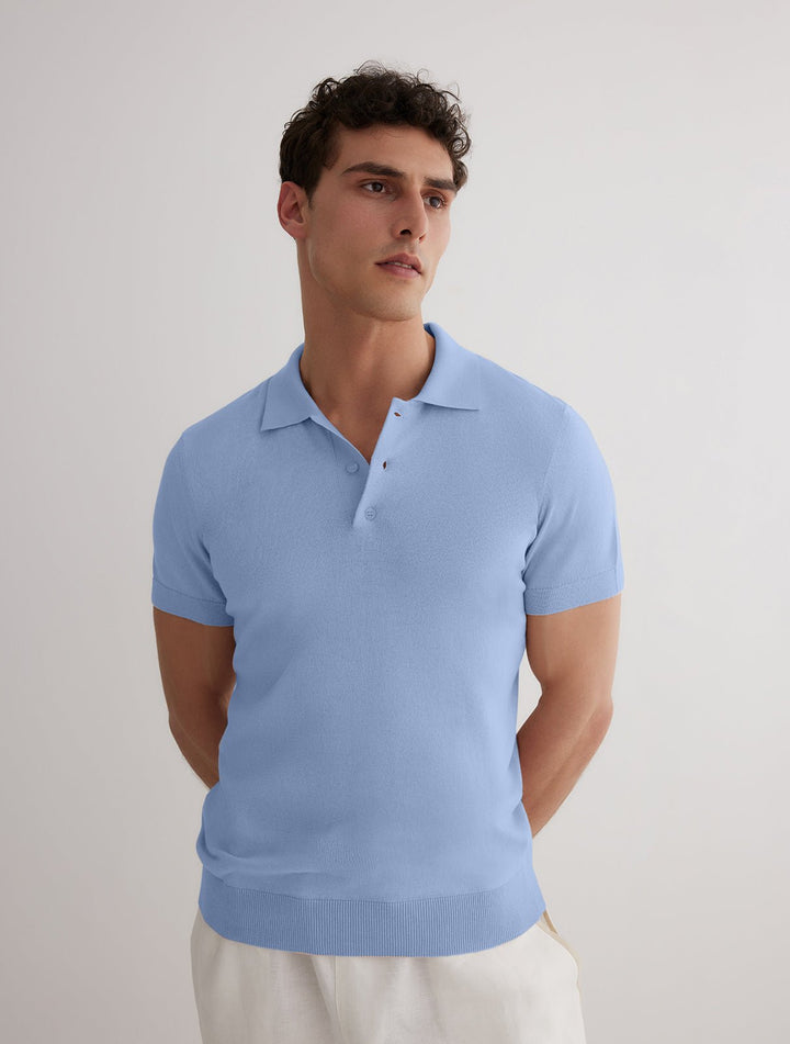 Front View: Model in Johan Baby Blue Polo Shirt - MOEVA Luxury Swimwear, Open Collar, Polo Shirt, Short-Sleeved, Cashmere & Cotton-Blend, Slim Fit, MOEVA Luxury Swimwear