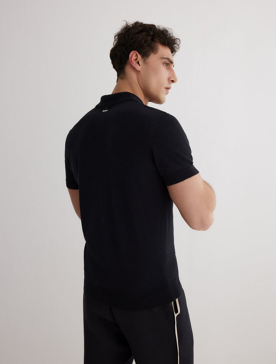 Back View: Model in Johan Black Polo Shirt - MOEVA Luxury Swimwear, Ready to Wear, Polo Shirt, Unlined, Slim Fit, MOEVA Luxury Swimwear