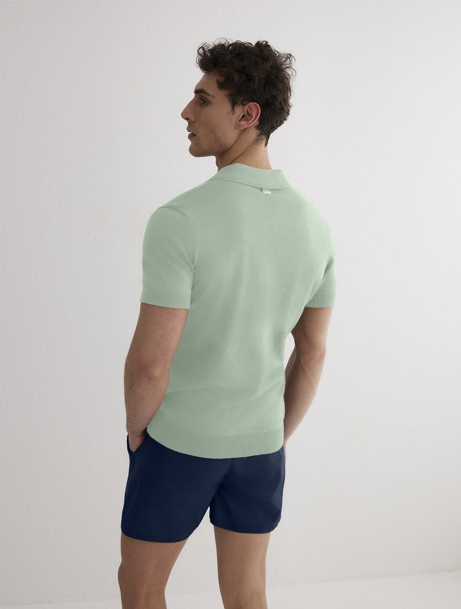 Back View: Model in Johan Green Polo Shirt - MOEVA Luxury Swimwear, Ready to Wear, Polo Shirt, Unlined, Slim Fit, MOEVA Luxury Swimwear 