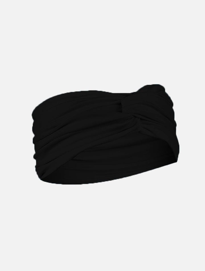 Front View: Josie Black Headband - Swimwear Fabric, Matching Collection Look, Stylish Head Wrap, Fast Dry, 80% Polyamide 20% Elastane, MOEVA Luxury Swimwear 