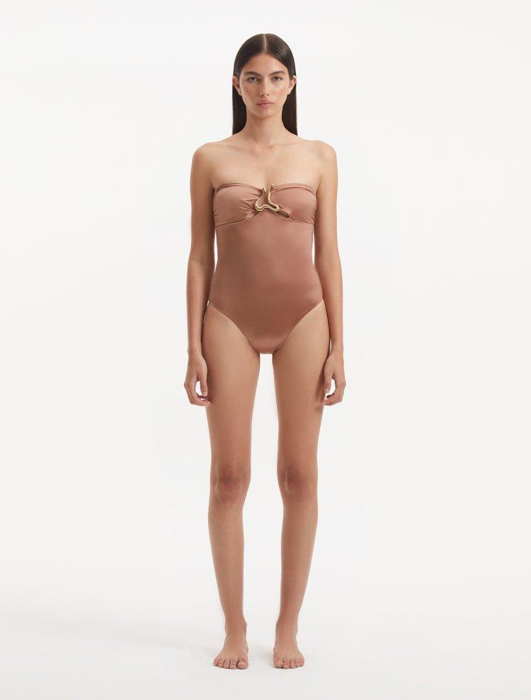 Kenna Brown Bandeau Satin Swimsuit | Moeva | Swimsuit | Each week unveils new pieces—luxury swimwear, fluid resort silhouettes, and elevated summer-to-evening essentials designed to carry you from coastal escapes to city nights.