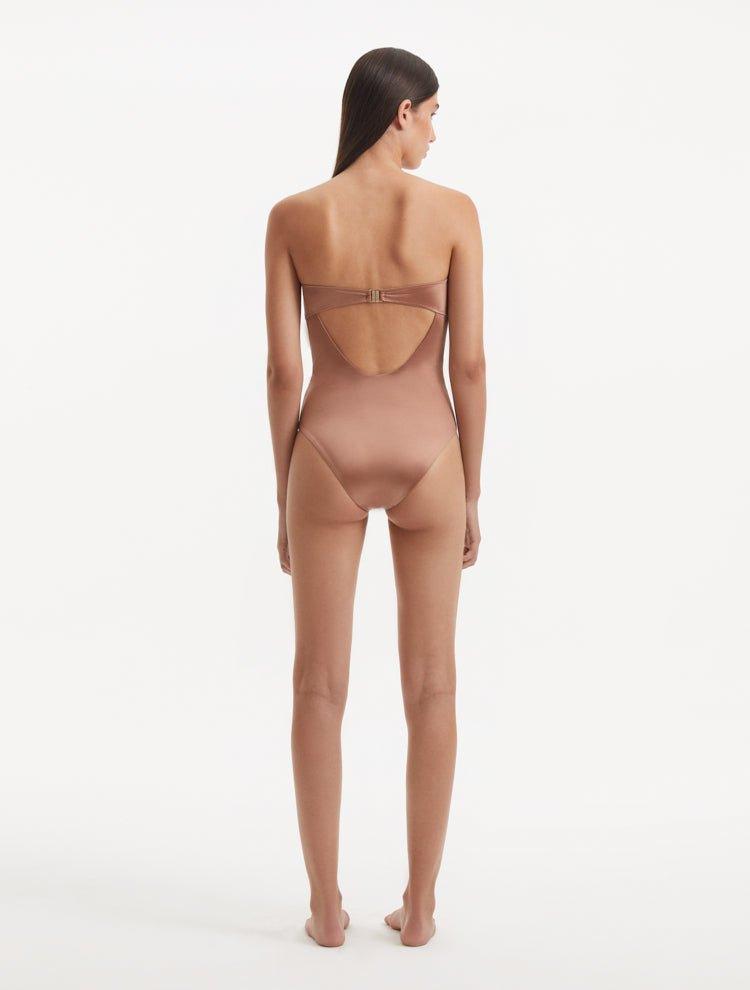 Kenna Brown Bandeau Satin Swimsuit | Moeva | Swimsuit | Each week unveils new pieces—luxury swimwear, fluid resort silhouettes, and elevated summer-to-evening essentials designed to carry you from coastal escapes to city nights.