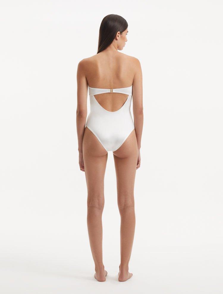 Kenna White Bandeau Satin Swimsuit | Moeva | Swimsuit | Each week unveils new pieces—luxury swimwear, fluid resort silhouettes, and elevated summer-to-evening essentials designed to carry you from coastal escapes to city nights.