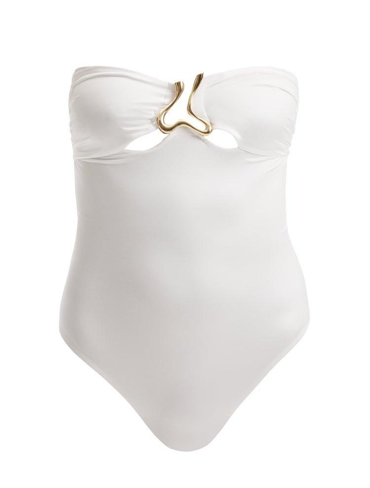 Kenna White Bandeau Satin Swimsuit | Moeva | Swimsuit | Each week unveils new pieces—luxury swimwear, fluid resort silhouettes, and elevated summer-to-evening essentials designed to carry you from coastal escapes to city nights.