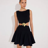 Lanao Black Cut-Out Knit Mini Dress with Gold Detail | Moeva | RTW Dresses | Each week unveils new pieces—luxury swimwear, fluid resort silhouettes, and elevated summer-to-evening essentials designed to carry you from coastal escapes to city nights.