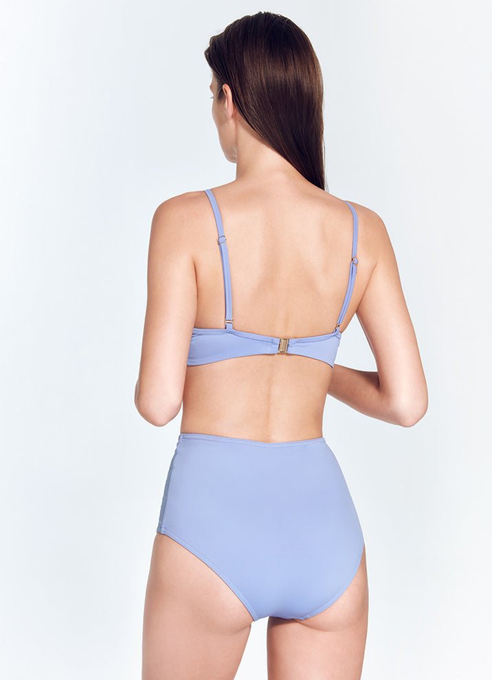 Back View: Model in Leana Blue Bikini Bottom - Lycra XtraLife® Certificate, Italian Fabric, Comfort and Sportive High Rise Bikini Bottom, MOEVA Luxury Swimwear