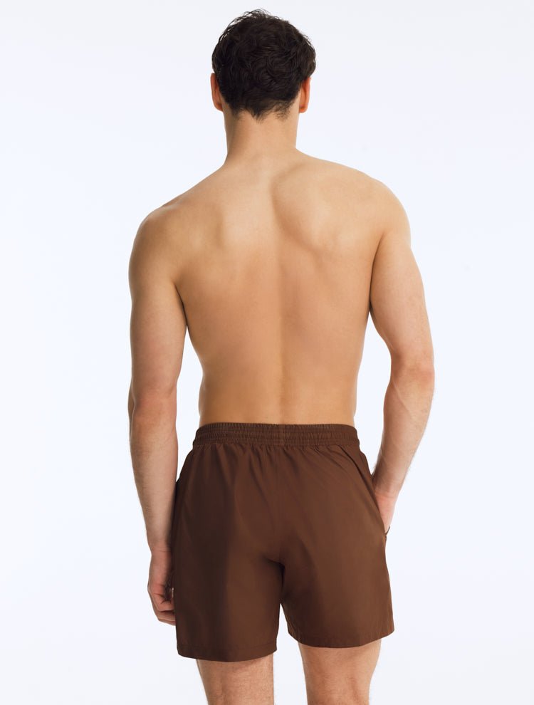 Back View: Louis Brown Shorts on Model - Drawstring Waist, Mid Length, Quick Dry, MOEVA Luxury Swimwear   