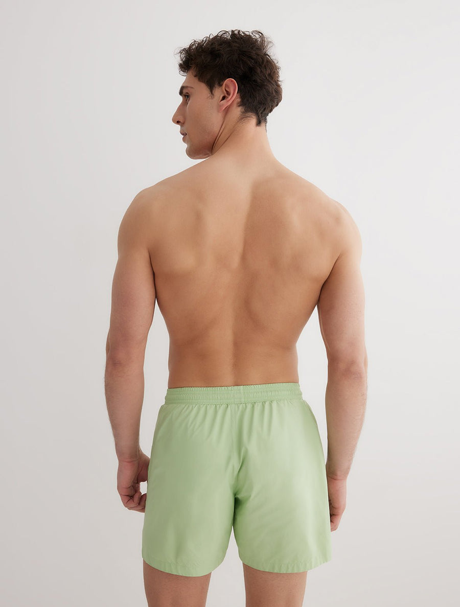 Back View: Model in Louis Mint Green  Shorts - MOEVA Luxury Swimwear, Men Swim Shorts, Nikel, Mid Length Swim Shorts, Fully Lined, Slim Fit, Quick Dry, MOEVA Luxury Swimwear