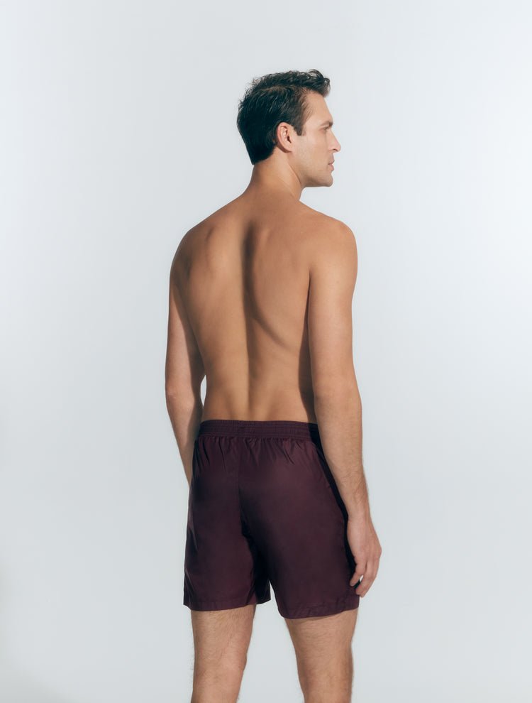 Back View: Model in Louis Prune Shorts - MOEVA Luxury Swimwear, Men Swim Shorts, Nikel, Mid Length Swim Shorts, Fully Lined, Slim Fit, Quick Dry, MOEVA Luxury Swimwear