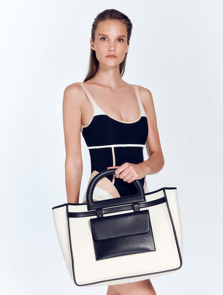 Front View of Model with Ludovica Ecru/Black Bag -  Tote Bag, Leather Pocket, MOEVA Luxury Swimwear   