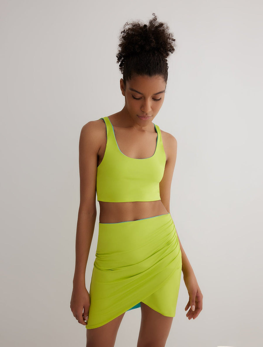 Front View: Model in Lupe Ice Blue/Lemon Green Skirt - Wrapped Skirt, Slim Fit, MOEVA Luxury Swimwear