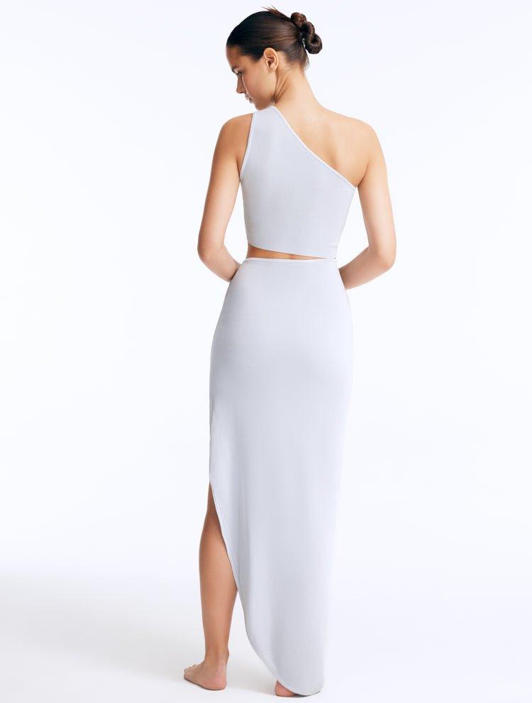 Lyndon Silver Knitted Skirt with Side Slit | Moeva | RTW Skirts | Each week unveils new pieces—luxury swimwear, fluid resort silhouettes, and elevated summer-to-evening essentials designed to carry you from coastal escapes to city nights.