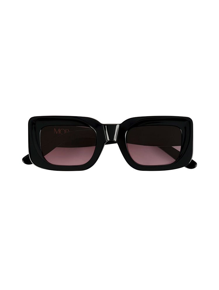 Front View of Marche Black Sunglasses - Black Acetate Frame Women's Sunglassess, Black Acetate Temples With Moeva Amblem, MOEVA Luxury Swimwear   